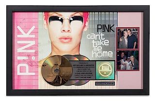 An Autographed Pink: Can't Take Me Home RIAA Certified 2x Platinum Presentation Album 13 1/2 x 20 1/2 inches.