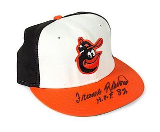 A Frank Robinson Autographed Baseball Hat Height of display case 7 1/4 x width 9 x depth 10 1/2 inches.