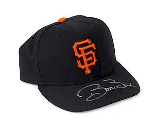 A Barry Bonds Autographed Baseball Hat Height of display case 6 1/2 inches x width 10 1/2 x depth 9 1/2 inches.