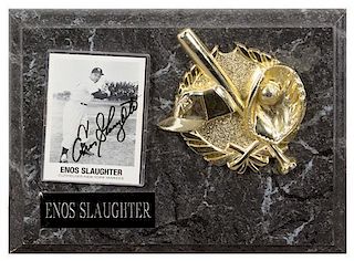 An Enos Slaughter Autographed Baseball Card Card 3 1/2 x 2 1/2 inches.