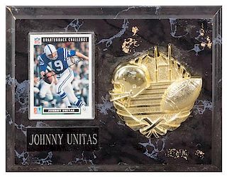 A Johnny Unitas Autographed Football Card Card 3 1/2 x 2 1/2 inches.