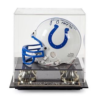A Lenny Moore Autographed Mini-Helmet Height of display case 8 x wieth 8 x depth 7 inches.