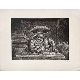 LEOPOLDO MÉNDEZ, Sin título, Firmado y fechado 49, Linoleograbado sin número de tiraje, 45 x 58 cm