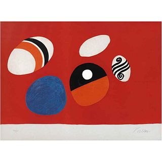 ALEXANDER CALDER, Fondo rojo, 1969, Firmada, Litografía 54/75, 55 x 74 cm