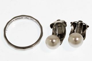 Platinum Ring and 18k White Gold and Pearl Earrings
