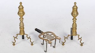 Pair of American Brass Andirons and a Trivet, 19th C