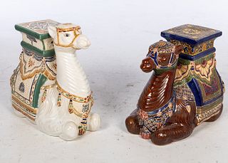 Two Camel-Form Ceramic Garden Seats, Modern