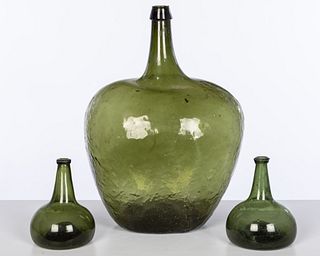 Large Green Blown Glass Bottle & Two Smaller Bottles