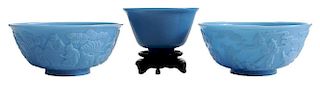 Three Peking Glass Blue Bowls