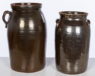 Two Brown Glazed Pottery Crocks