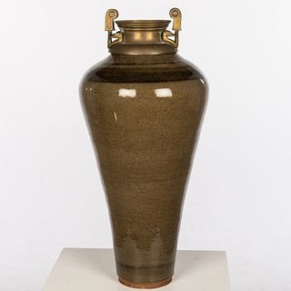 Brass Mounted Large Ceramic Vase
