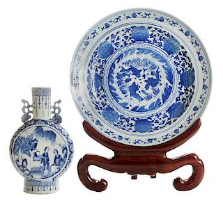Asian Blue and White Charger and Vase