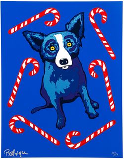 George Rodrigue Blue Dog and Candy Canes Signed Screenprint