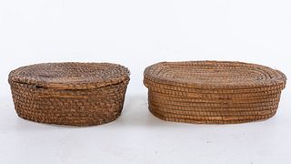 Two Antique Gullah Sweet Grass Lidded Baskets