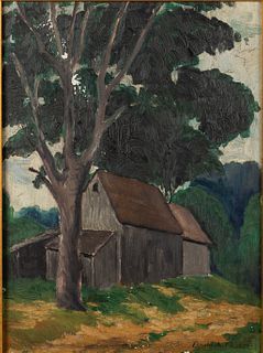 Donald A. Traser, Tree with Barn, Oil on Board