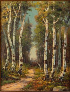 Unsigned, Birch Trees Along a Trail, Oil on Board