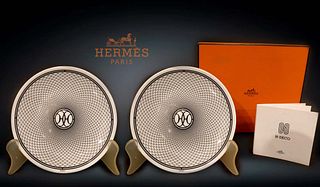 A Pair Of Hermes H Deco Porcelain Bread & Butter Plates, Boxed, COA & Hallmarked