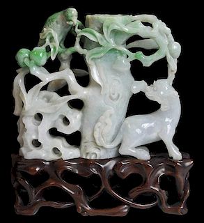 Finely Carved Jadeite Bird and Foo