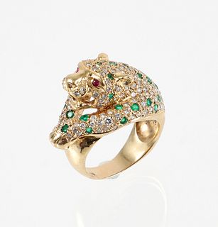 14K Diamond Emerald Ruby Panther Ring