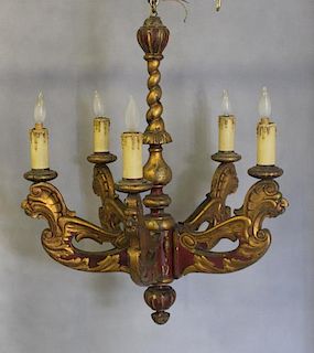 Antique Italian polychrome Wood Carved Chandelier.