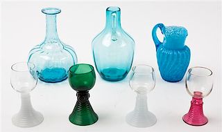 A Group of Seven Colored Glass Articles Height of first 7 3/4 inches.