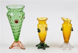 * Three Applied Glass Vases Height of taller 10 3/4 inches.