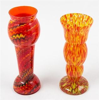 * Two Czechoslovakian Glass Vases Height of taller 9 1/8 inches.