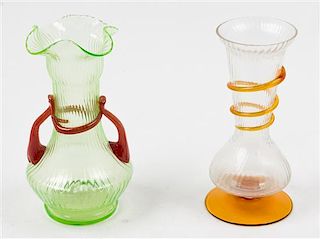 * Two Applied Glass Vases Height of taller 8 1/8 inches.