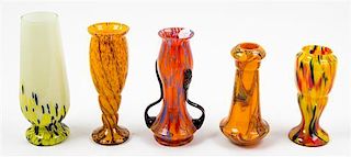 * Five Czechoslovakian Glass Vases Height of tallest 9 1/8 inches.