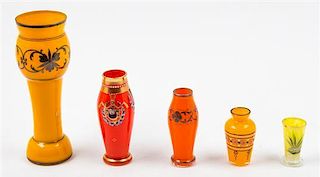 * Five Enameled Czechoslovakian Glass Vases Height of tallest 9 inches.