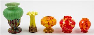 * Five Czechoslovakian Glass Vases Height of tallest 8 5/8 inches.