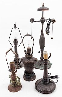 * An Assembled Group of Five Cast Metal Table Lamp Bases Height of tallest 22 inches.