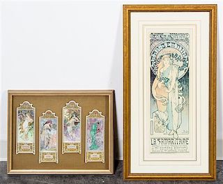 * After Alphonse Mucha, (Czech, 1860-1939), Four Seasons (set of four porcelain Hutschenreuther plaques); along with a poster of