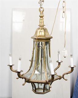 French Brass and Glass Six-Light Fixture Height 30 1/2 x 26 inches wide.