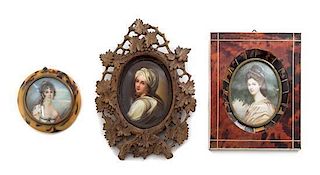* Three Continental Portrait Miniatures Height of tallest overall 7 inches.