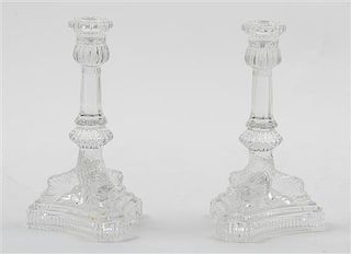 * A Pair of Molded Glass Candlesticks Height 8 1/4 inches.