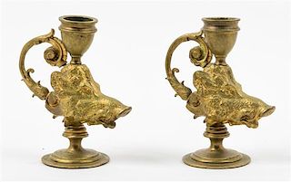 * A Pair of Gilt Bronze Figural Candlesticks Height 4 1/2 inches.