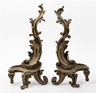* A Pair of Louis XV Brass Chenets Height 19 1/2 inches.