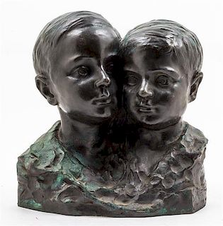 * A Bronze Bust of Two Boys Height 13 1/2 inches.