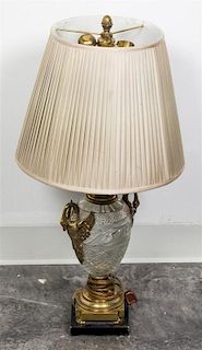 * An Empire Style Brass and Cut Glass Table Lamp Height 27 1/2 inches.
