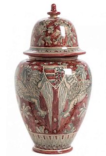 * A Biagioli Gubbio Ceramic Covered Vase Height 15 inches.