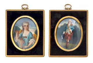 * A Group of Four Painted Portrait Miniatures Height of largest overall 8 inches.