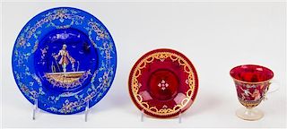 * A Group of Enameled Glass Articles Diameter of first 7 1/4 inches.