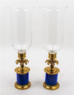 A Pair of Continental Brass and Glass Candlesticks Height overall 19 inches.