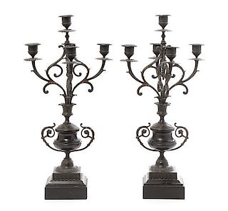 A Pair of Neoclassical Bronze Five-Light Candelabra Height 19 1/2 inches.