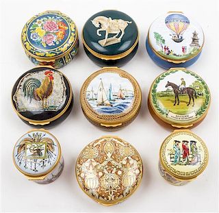 * A Collection of Nine English Enamel Lidded Boxes Diameter of largest 2 3/8 inches.