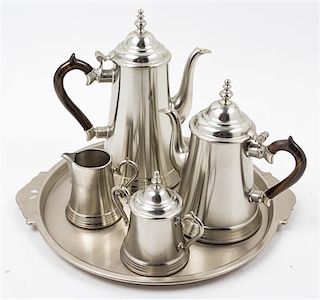 An Assembled Pewter Coffee and Tea Service Height of tallest 10 1/2 inches.