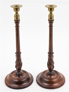 * A Pair of Victorian Turned Wood Candlesticks Height 15 inches.