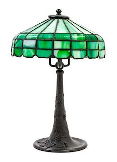 * An American Leaded Glass Table Lamp Height 15 x diameter of shade 10 inches.