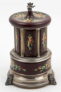 * A Swiss Enameled Silver-Plate Musical Humidor. Height 11 inches.